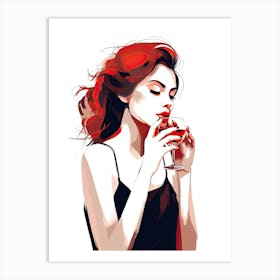 Girl With Red Hair Drinking Wine 1 Art Print