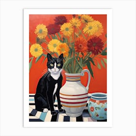 Daisy Flower Vase And A Cat, A Painting In The Style Of Matisse 1 Art Print