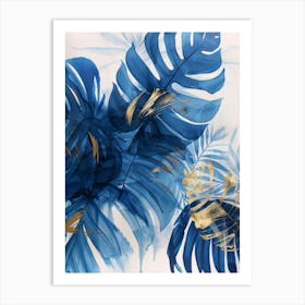 Blue And Gold Tropical Leaves Art Print