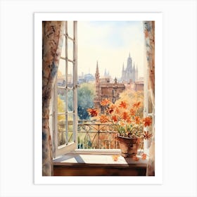 Window View Of Barcelona Spain In Autumn Fall, Watercolour 3 Art Print