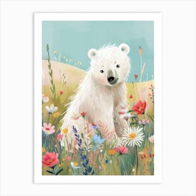 Polar Bear Cub In A Field Of Flowers Storybook Illustration 3 Art Print