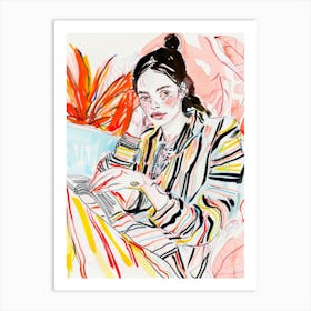 Woman Reading A Book. Watercolor Sketch Portrait Art Print