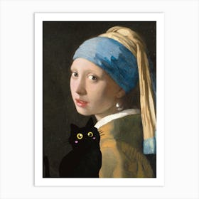 Girl With Pearl Earring And Cat Art Print