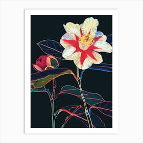 Neon Flowers On Black Camellia 3 Art Print