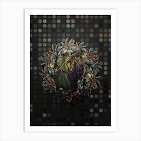 Vintage Black Grape Fruit Wreath on Dot Bokeh Pattern n.0254 Art Print