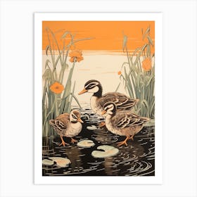 Ducklings In The Flowers Japanese Woodblock Style 4 Art Print