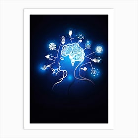 Abstract Concept Art Of A Silhouetted Head Outlined Against A Backdrop Of Light Bulbs And Gears Sym 2 1 Art Print