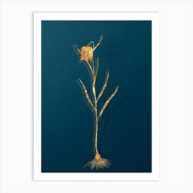 Vintage Chess Flower Botanical in Gold on Teal Blue n.0282 Art Print