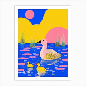 Blue Pink & Yellow Ducklings In The Pond Art Print