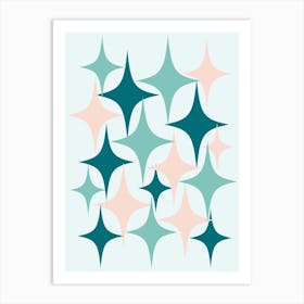 Mid Century Modern Atomic Starburst Teal, Peach Art Print