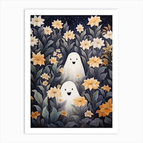 Cute Bedsheet Ghost, Botanical Halloween Watercolour 122 Art Print