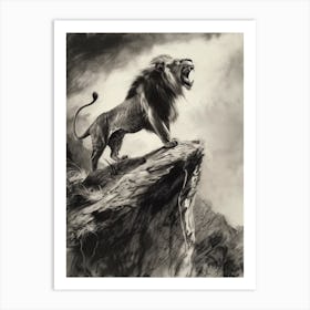 African Lion Charcoal Drawing Roaring On A Cliff 4 Art Print