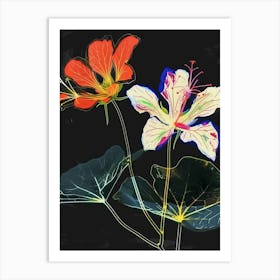 Neon Flowers On Black Nasturtium 3 Art Print