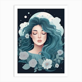 Blue Haired Girl With Flowers Art Print