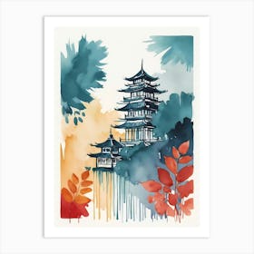 Watercolor Of Chinese Pagoda Art Print