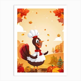 Cartoon Style Illustration Of A Cheerful Turkey Character Donning A Pilgrim Hat Amidst A Fall Harves (1) Art Print