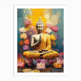 Clam Buddha Surrounded By Colorful Lotus Flower Art Print