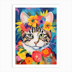 Kurilian Bobtail Cat With A Flower Crown Painting Matisse Style 3 Art Print