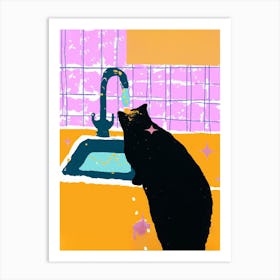 Black Cat In Kitchen Sink Art Print