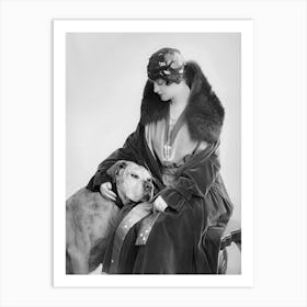 Lady With A Dog, Vintage Black and White Old Photo Art Print