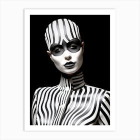 Artistic portrait of young extravagant bald woman with a black and white costume Art Print