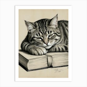 Cat Resting On Book Art Print