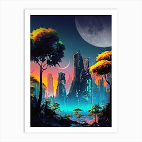 Neon cyberpunk city in a forest with Moons — surreal space collage art, cosmic futuristic sci-fi collage Art Print