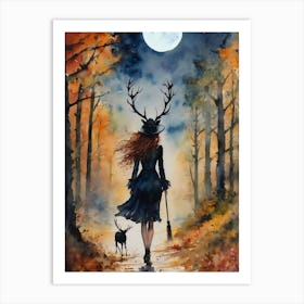 The Hunter's Moon ~ Witchy Pagan Wheel of the Year Spooky Fairytale Watercolour  Art Print