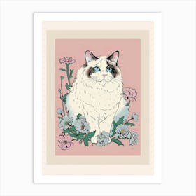 Cute Ragdoll Cat With Flowers Illustration 2 Art Print