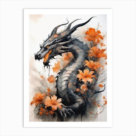 Japanese Dragon Abstract Flowers Painting (23) Art Print