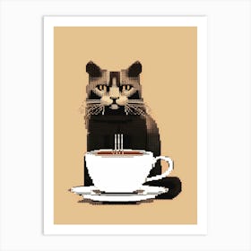 Pixelated Cat With A Cup Of Coffee Art Print