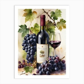 Vines,Black Grapes And Wine Bottles Painting (28) Art Print