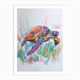 Sea Turtle With Marine Plants Scribble 2 Art Print