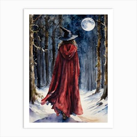 Red Witch in Winter - Witchy Watercolor Fairytale Art by Lyra the Lavender Witch, Pagan Walking Through Snowy Woods on Full Moon, Powerful Spellcasting Red Cloak, Red Witch's Hat, Snowing Forest Witchcore Art Print