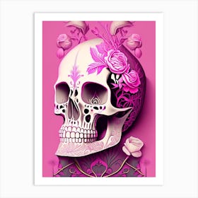 Skull With Surrealistic Elements 6 Pink Line Drawing Art Print