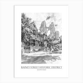 Rainey Street Historic District Austin Texas Black And White Drawing 2 Poster Art Print