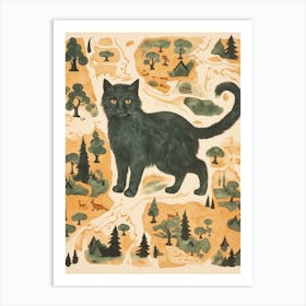 Medieval Style Map Of Black Cat & Forest Art Print