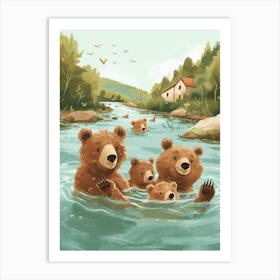 Brown Bear Family Swimming In A River Storybook Illustration 4 Art Print