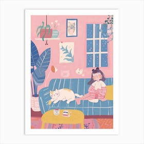 Girl In The Sofa With Pets Tv Lo Fi Kawaii Illustration 7 Art Print