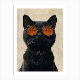 A striking illustration of a black cat wearing stylish round sunglasses with orange-tinted lenses that feature clock faces, exuding a confident and playful demeanor. Art Print