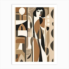 Mid Century Lady Silouette Leaves Abstract Feature Wall Pattern | Matisse Neutral Autumn Tones Block Art Print