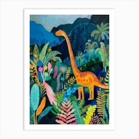 Colourful Dinosaur In The Jungle Leaves Painting 1 Art Print