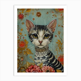 Ornamental Kitsch Cat Portrait Art Print