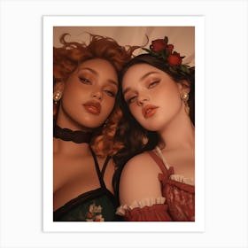 Two Women Laying On A Bed Art Print