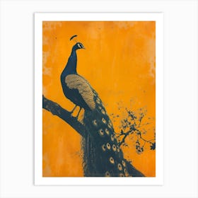 Vintage Orange & Navy Blue Peacock On A Tree Branch 3 Art Print