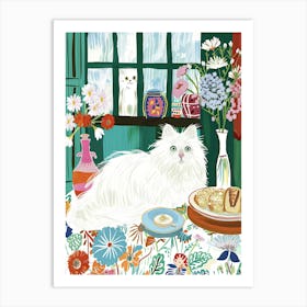 Tea Time With A White Fluffy Cat 2 Art Print