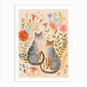 Folksy Floral Animal Drawing Cat 4 Art Print