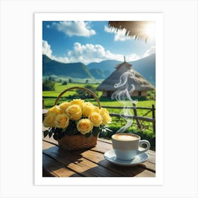 Cup Of Coffee With Yellow Roses Art Print