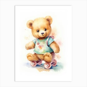 Roller Skating Teddy Bear Painting Watercolour 3 Art Print