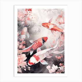 Red Koi Fish Watercolour With Botanicals 2 Art Print